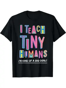 Preschool Teacher Appreciation T-Shirt - 'I Teach Tiny Humans' Cotton Crew Neck, Casual Fit, Machine Washable - Perfect Gift for Educators Colorful Teacher T-Shirt for Fridays Black Breathable