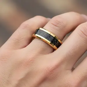 8mm Gold Tungsten Wedding Band Black Carbon Fiber Inlay Ring Unique Wedding Ring Men's Band Women's Wedding Band Anniversary Ring Wedding Gift Engraving