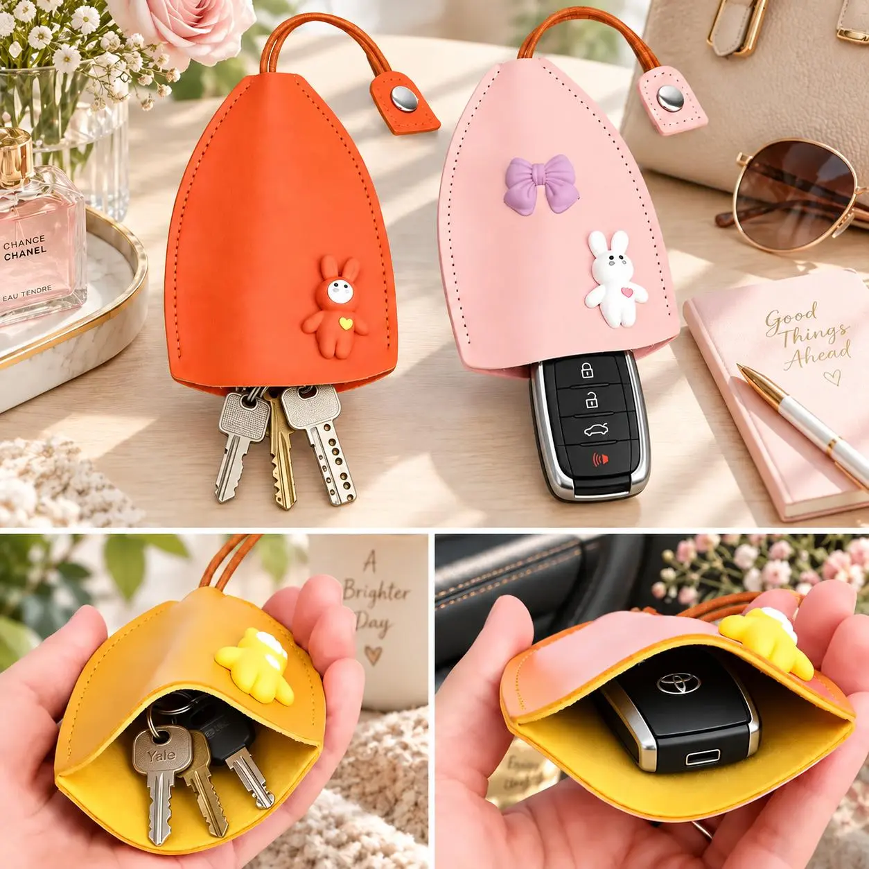 Women's Cute Cartoon Leather Key Case - Portable Quick-Pull Anti-Scratch Key Pouch, Home Organizer Storage Bag Gift