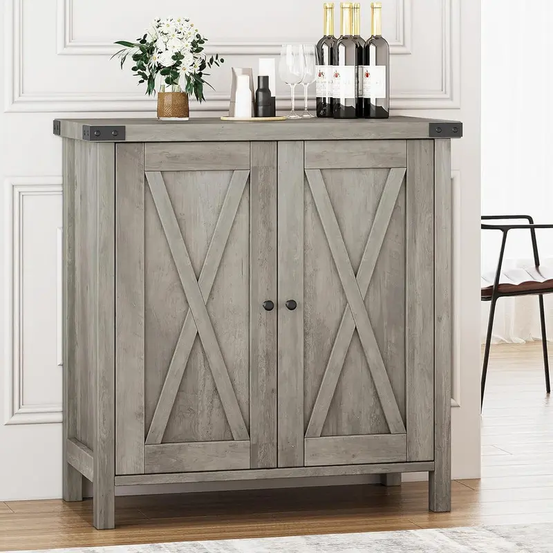 【Christmas Gift】Grey Buffet Cabinet Farmhouse Storage Cabinet with Doors and Shelves for Living Room Dining Room Gray Entryway Console Accent Cabinet