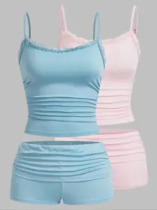 New Summer Autumn Women's Cute Casual Solid Color Crop Short Fitted Pants Set, Ladies Fashionable Leisure Wear, Comfortable and Stylish