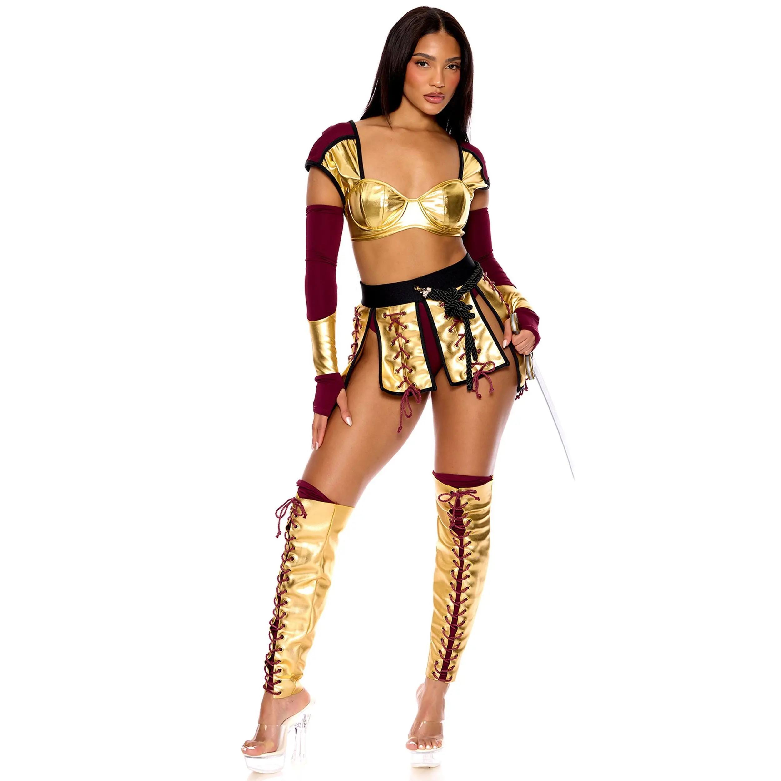 Women's Glamorous Roman Gladiator Costume, Halloween Outfit with Lace Top & Stockings Accessories, Leg