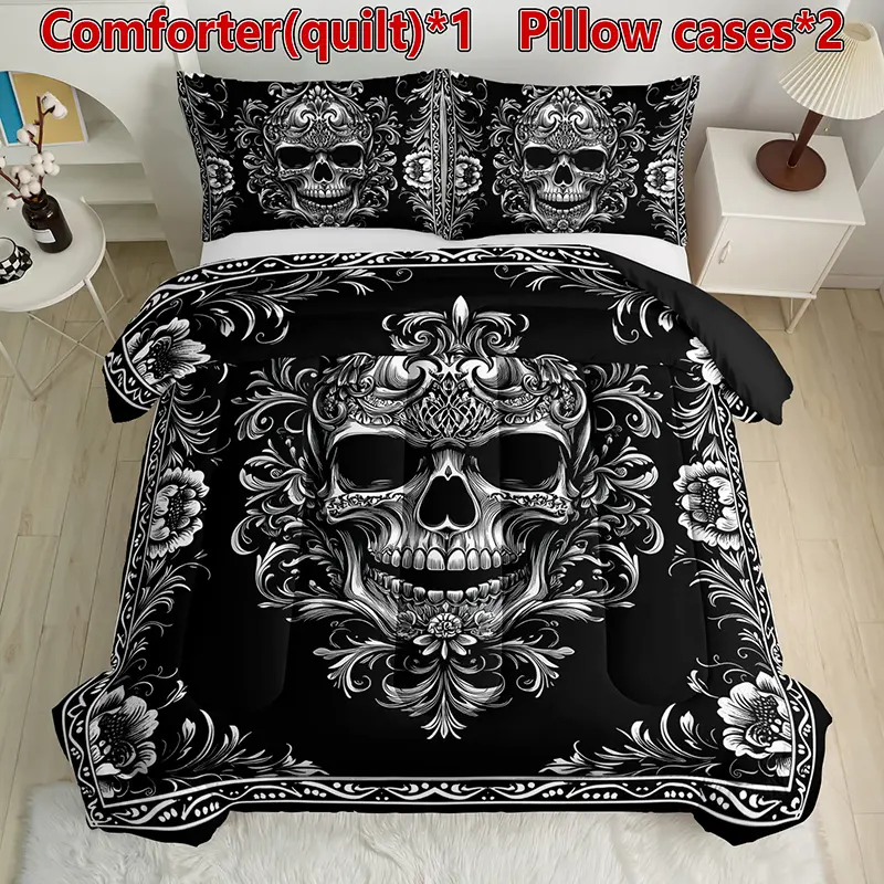 Skeleton Pattern quilt Set, Gothic Black Bedding, Includes 1 quilt and 2 Pillowcases (Pillows Not Included), Comfortable Bedroom Decor summerwins