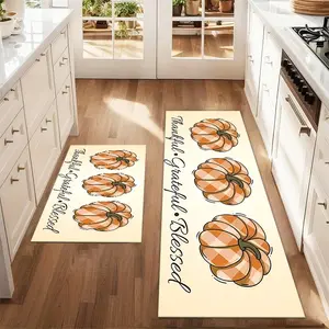 2Pcs Autumn 3 Grid Pumpkin Harvest Season Thanksgiving Floor Mat Set Kitchen Rug Kitchen Dining Room Home Sink Laundry Room Decor Carpet Mat
