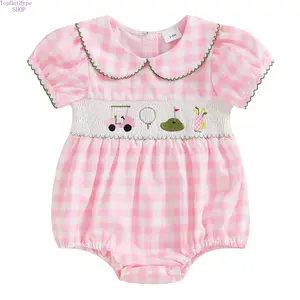 Baby Girl Golf‑Themed Plaid Smocked Romper Bodysuit, Short Sleeve Peter Pan Collar Jumpsuit Playsuit, Soft Lightweight Newborn Coming Home Outfit for Daily Wear, Golf Outings, Photoshoots & Spring Casual Occasions