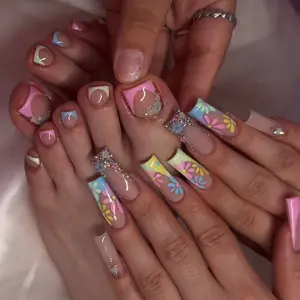 48pcs Long Square Nails Set, Y2K Nude Maroon French Edge False Nails, Daisy Flowers, Rhinestones, Rhinestone Detail, Colorful Design, Summer Vacation & Daily Wear