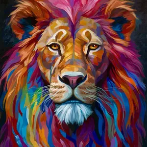Colorful Lion Wall Art Embellished Canvas Print - Vibrant Lion Design with Colorful Accents