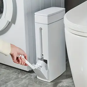 Press-type lid opening space-saving bathroom trash can with integrated toilet brush holder - durable plastic, modern and simple design, suitable for small bathrooms, no electricity required, convenient for home use, stylish waste bin Bathroom Accessories