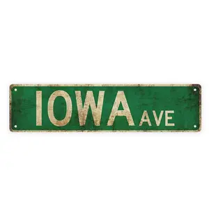 IOWA AVE Vintage Distressed Green Street Style Long Metal Tin Sign Iowa State Home Wall Decor 4x16in