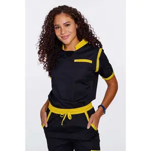Jet Black / Yellow Scrub Top - Breathable Workwear for Women in Uniform Style