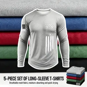 Men's 5-piece long sleeved T-shirt lightweight plain color lining Patriot Apparel men's clothing  suitable for gym sports wear, quick drying breathable fabric for daily casual wear, spring and autumn men's clothing Athletic Apparel Athletic Mesh