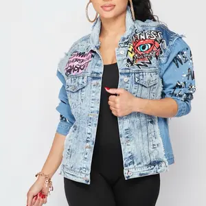 Boss Graffiti Women's Jean Jacket with Colorful Patches - Stylish Streetwear for Ladies