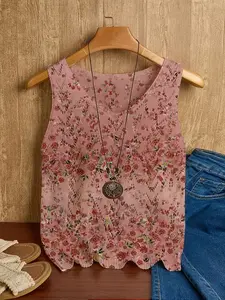 New Summer Spring Soft Rose Print V Neck Hollow Out Knit Vest, Loose Fit Sleeveless Top for Women, Fashionable and Versatile