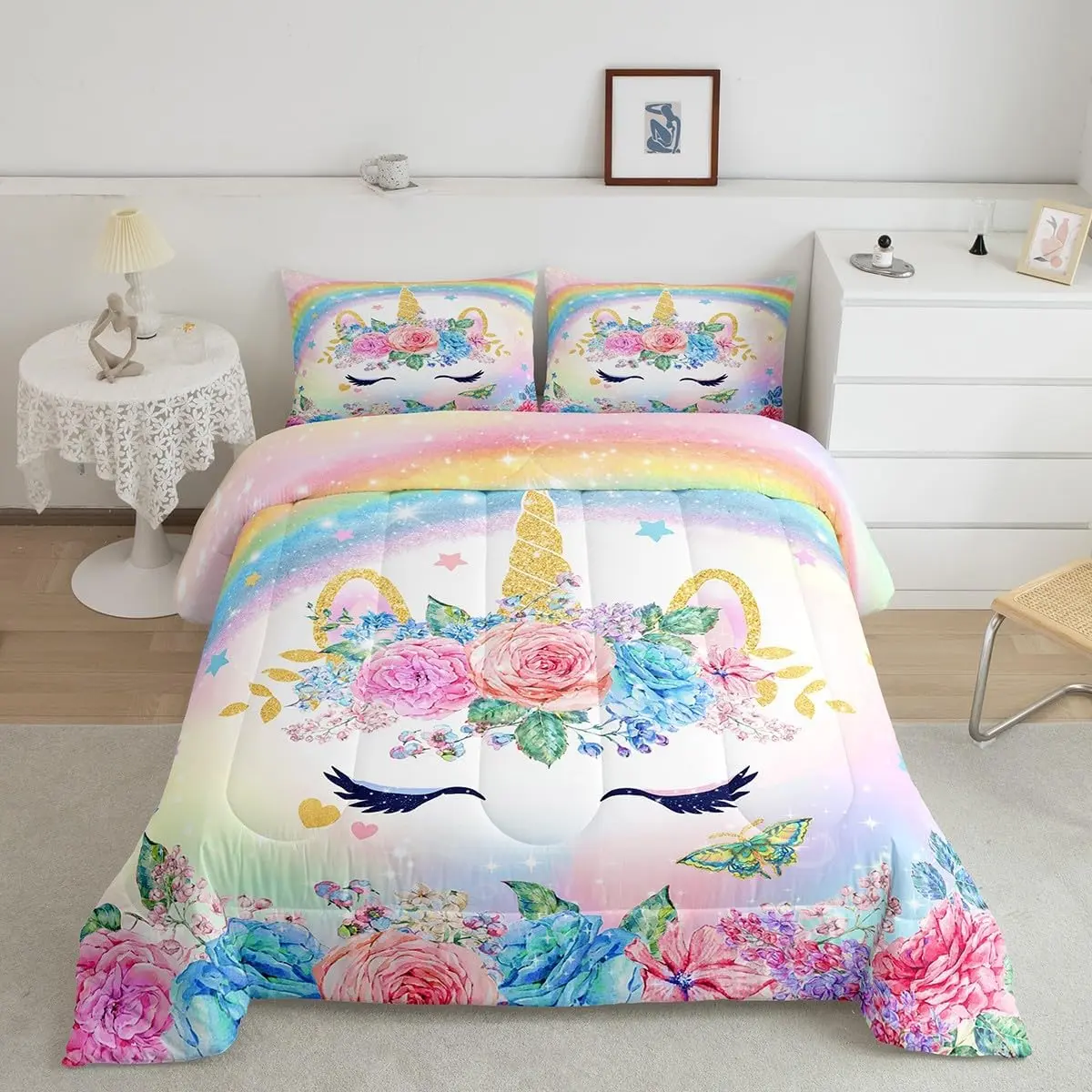 Feelyou Toddler Microfiber Bedding Comforter Set - Multi-Size Bright Color Duvets & Sets, Digital Print Animal Unicorn 3D Pattern, Cozy Chic Blanket, Snug as a Bug in a Rug, Breathable Fluffy, Includes Decorative Flower Pillow, Gentle Soft Blanket, Animal
