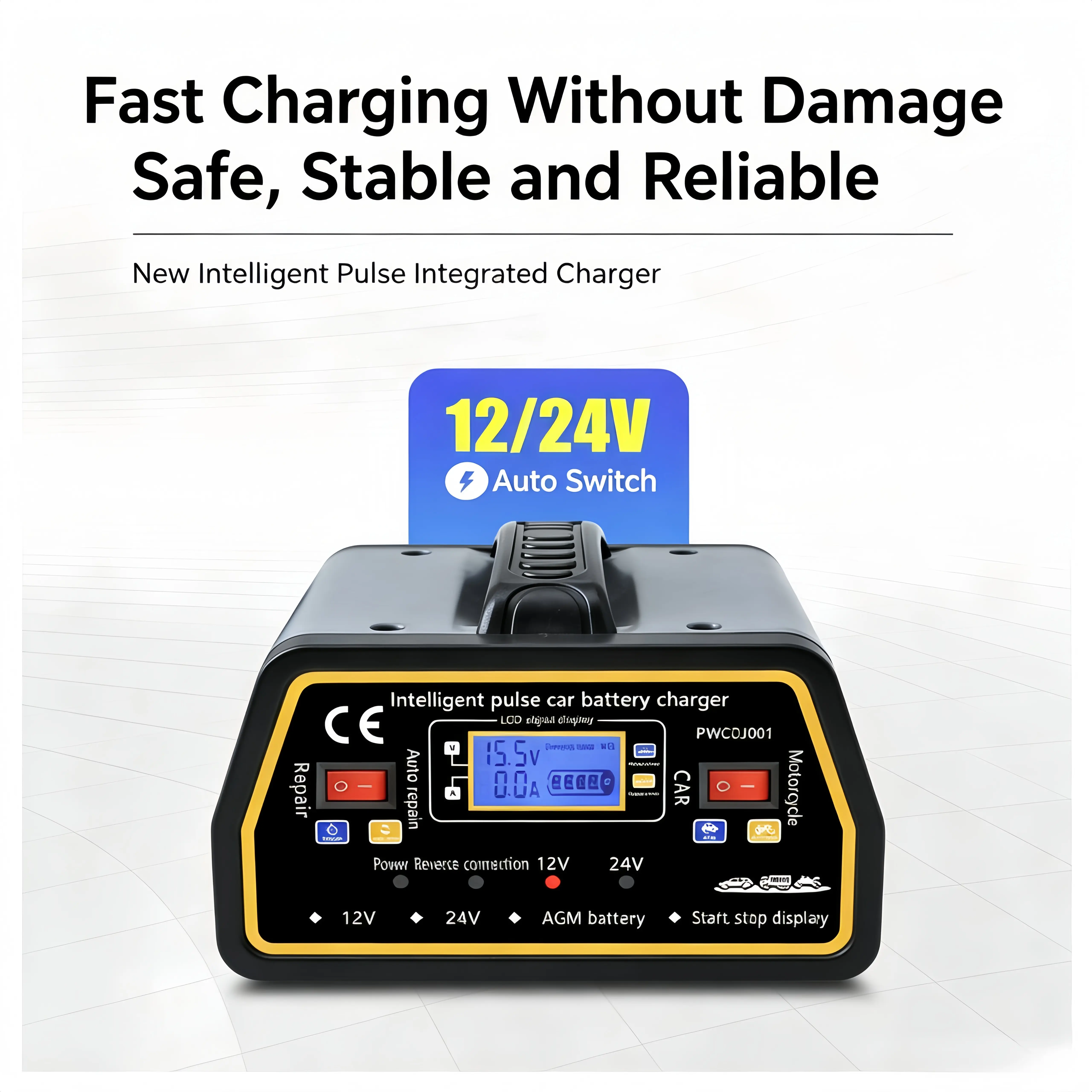 12V-24V Intelligent Pulse Automotive Copper Cable Battery Charger - Portable, Trickle Charge, Fully Automatic LCD Digital Display, Compact Universal, Repair Tool, Emergency Power Station for LiFePO4 Batteries, Lawn Mower Mechanics’ Car Tool