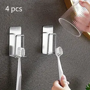 4pcs Stainless Steel Toothbrush and Cup Holder Set, Self-Adhesive Wall Mount Toothbrush Organizer, Punch-Free Bathroom Accessories with Water Drainage Design