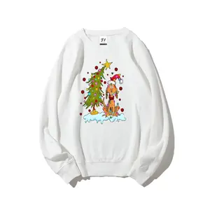 Women's Christmas-themed crewneck sweatshirt - Christmas tree cartoon puppy print, gray cotton knit crewneck sweatshirt, breathable and slightly stretchy casual christmas sweatshirts Hoodie Womenswear