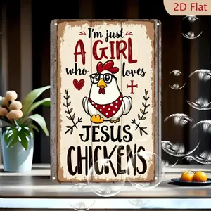 2D Flat, Vintage Aluminum Metal Tin Sign - "A Girl Who Loves Jesus Chickens" Funny Chicken Coop Wall Art - Waterproof No-Fade Indoor/Outdoor Decor - Rustic Farmhouse Retro Style - Easy to Hang Playful Gift for Chicken Lovers, Play