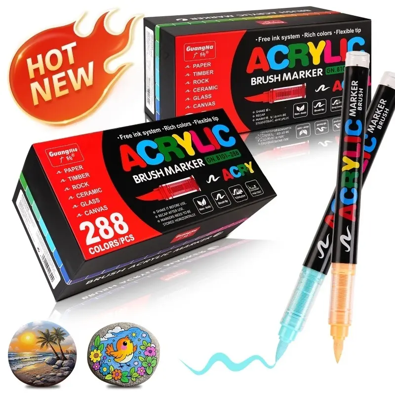 Guangna Waterproof Acrylic Markers Set, Liquid Acrylic Markers, Art Drawing Supplies, Diy Painting Supplies, Artist Supplies, Water-Based Paint Pens with Auto Ink Control & Brush Tips, Ideal for Rock Painting Canvas Art