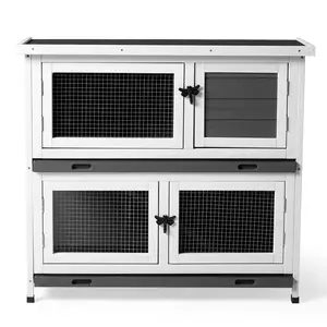 REBUYHOME Solid Wood 2 Story Rabbit Hutch with 2 Large Main Rooms, Indoor/Outdoor Design, 2 Removable Trays, Grey for Small Animals