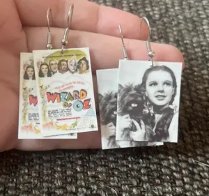 Wizard of Oz Judy Garland Toto Earrings with Iconic Movie Poster Design and Classic Character Portraits