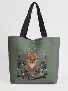 Fox Pattern Printed Casual Storage Bag, Night Scene, Fashionable and Trendy, Suitable for Daily Shopping, Office, and Various Occasions, Fashionable Tote Bag