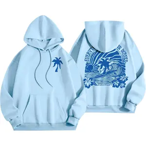 Palm Puff Beach Hoodie with Surf Graphic Coastal Ocean Back Print Sweatshirt for Beach Trips & Casual Wear