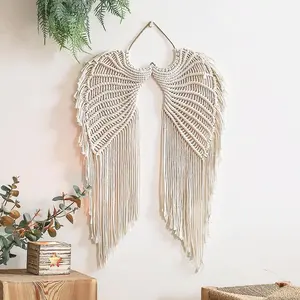 Boho Style Angel Wing Design Hanging Decor, Handmade Crochet Tassel Wall Hanging Ornament, Wall Decor for Home Living Room Bedroom Office, Hangable