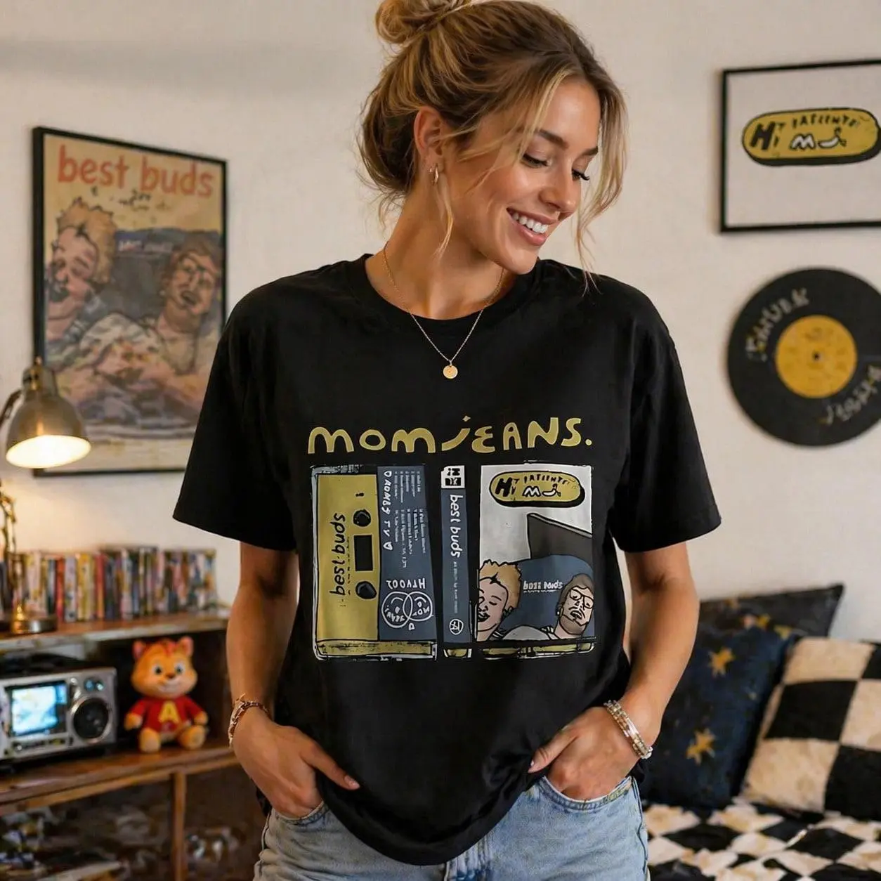 Women's Retro Cassette Tape Graphic Cotton T-Shirt - Basic Round Neck, Short Sleeve Piece, Breathable Lightweight Fabric, Fits Mom Jeans, "Best Buds" Band Print, 90s Throwback Streetwear for Music Lovers, Casual Grunge Top, Shortsleeve, Graphic Print, Fun