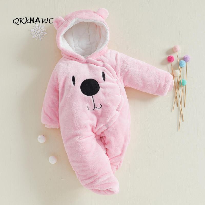Baby Hooded Footie Romper Snap Up Fleece Snowsuit Winter Outwear Cute Pattern Jumpsuit Cozy