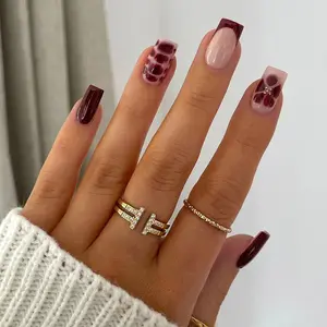24pcs Medium Long Square French Leopard Flower Gold Pearl Acrylic Press-On Nails Set, Nail Kit Set, Includes Jelly Glue and Nail File