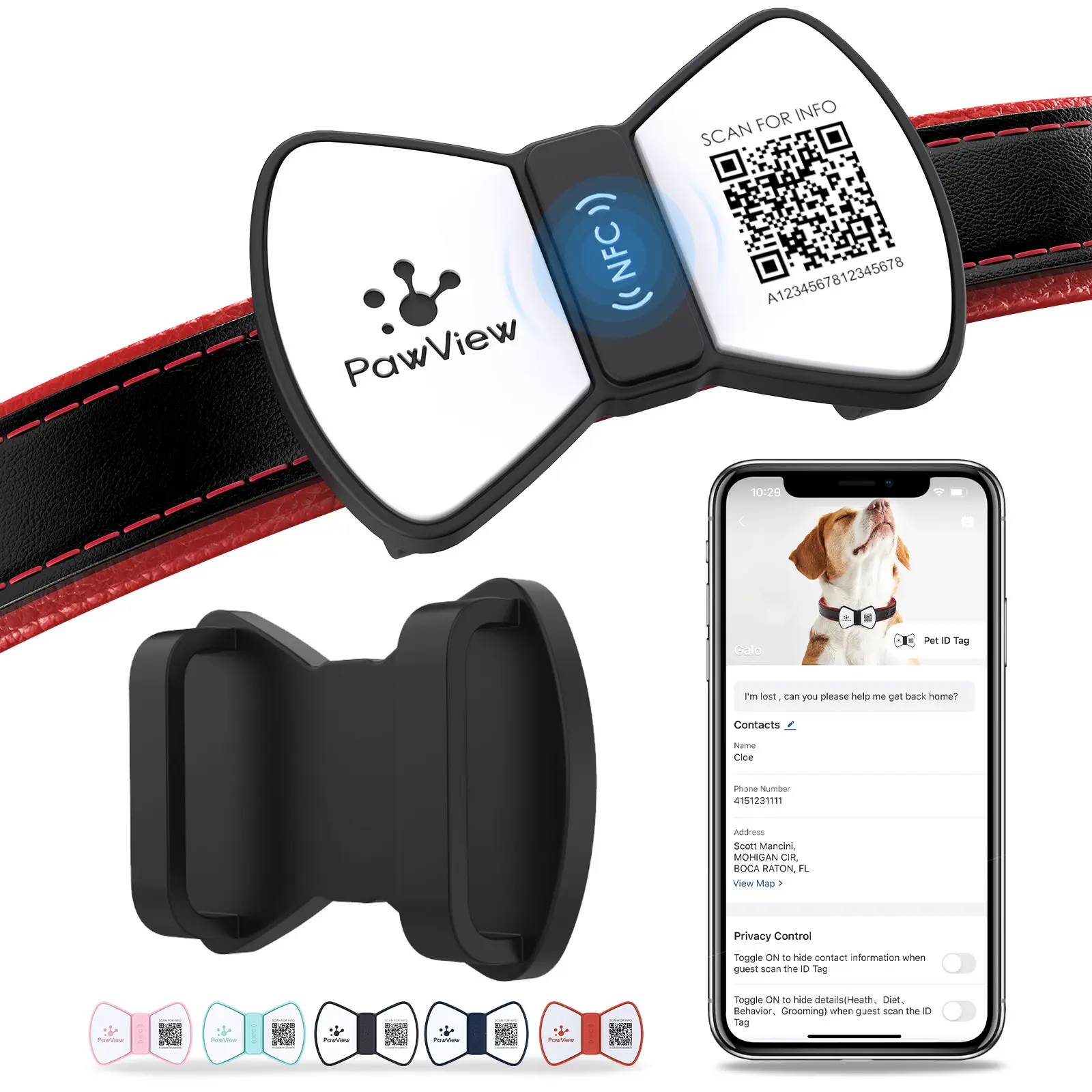 PawView Bowtie Pet ID Tag | Scan for contact info, no subscription, waterproof silent | For dog walking & lost pet emergencies | Dog owners & pet outdoor lovers