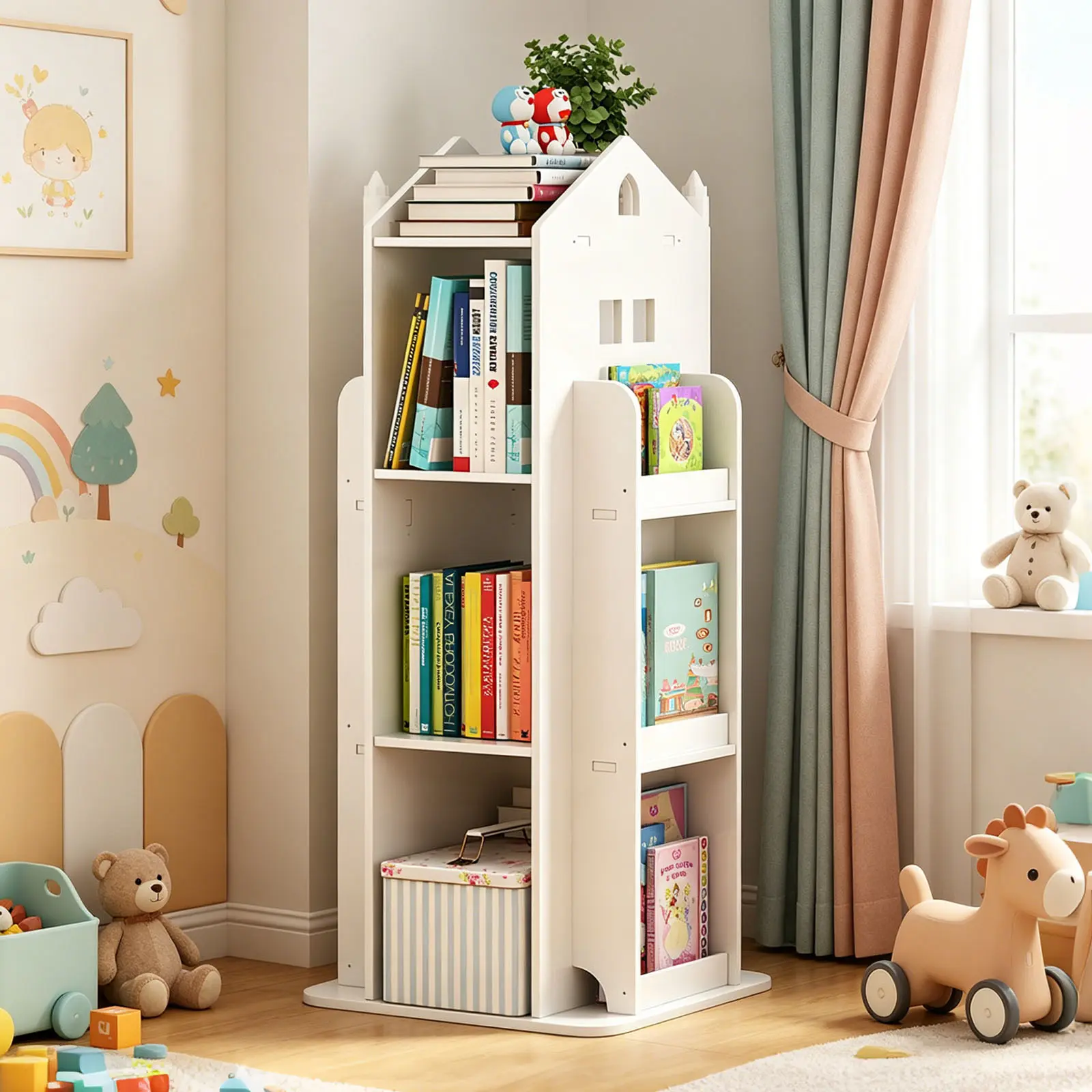 Multifunctional 4-Tier 360° Swiveling Rotating Bookshelf Tower, Durable PVC Wood Freestanding Stable Floor Storage Unit, Assembly Required Space-Saving Indoor Furniture for Bedroom, Living Room