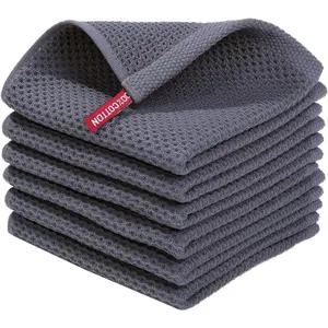 100% Cotton Waffle Weave Kitchen Dish Cloths Ultra Soft Absorbent Quick Drying Dish Towels 12x12 Inches 6 Pack Dark Grey