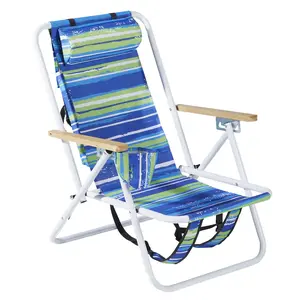 summervibes Folding Beach Chair, 4 Position Portable Backpack Foldable Camping Chair with Headrest Cup Holder and Wooden Armrests, Blue & Green Stripes