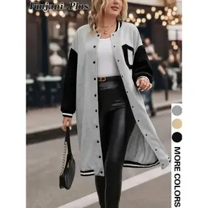 Plus Colorblock Letter Print Button Front Drop Shoulder Loose Midi Varsity Jacket, Casual Contrast Binding Long Sleeve Baseball Collar Coat for Daily