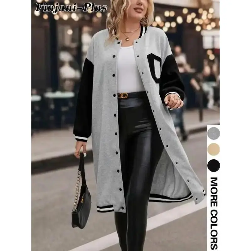 Plus-Size Female Varsity Coat, Loose Midi Colorblock Style with Letters and Drop Shoulders for Daily Wear
