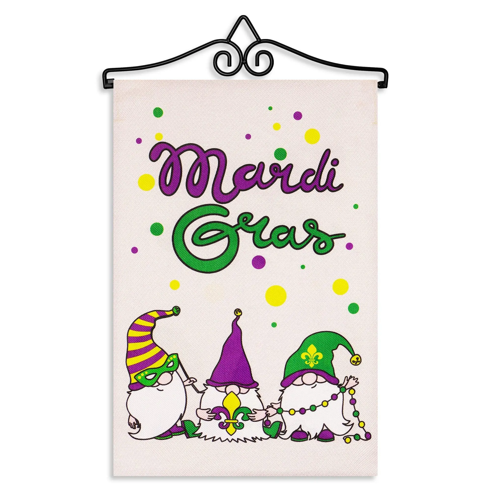 G128 Combo Pack Garden Flag Hanger 14IN & Garden Flag Mardi Gras 3 Gnomes with Decor 12x18IN Printed Double Sided Burlap Fabric