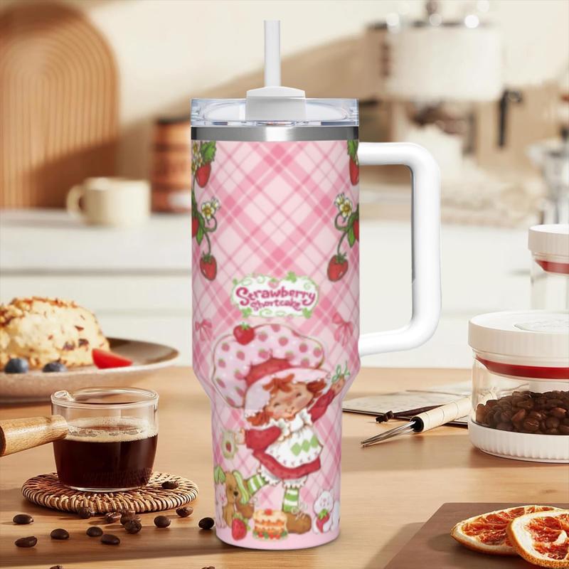 13+ Versatile Styles Strawberry Shortcake 40oz Insulated Stainless Steel Mug with Straw Handle, Leak-Proof Lid Portable Drinkware for Commuting Picnics Office, Ideal for Coffee Smoothies, Perfect Gift for Dessert Lovers