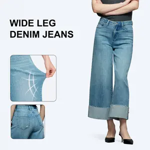 ONESO High Rise High-Stretch Wide Leg Jeans Loose Fitting Above the Ankle Denim Pants for Women Bottom Trouser Womenswear