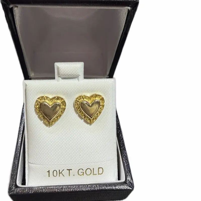 10KT Gold Heart Stud Earrings – Elegant Greek Pattern Frame