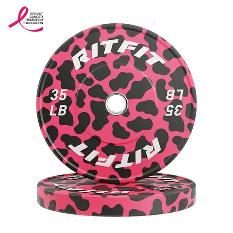 RITFIT Pink Leopard Animal Print 2in Rubber Olympic Bumper Plates - Barbell Weight Plates with 2" Center Hole, Non-Slip Grip, Enhanced Safety, Handcrafted Quality, Low Bounce, Home Gym Resistance Training Workout Weights Equipment
