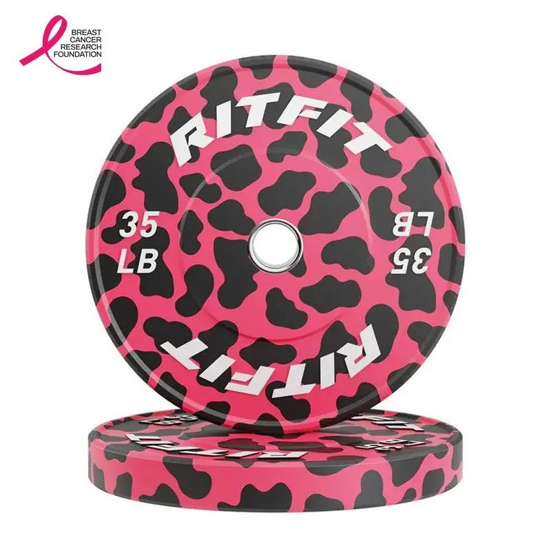 RITFIT Pink Leopard Animal Print 2in Rubber Olympic Bumper Plates - Barbell Weight Plates with 2" Center Hole, Non-Slip Grip, Enhanced Safety, Handcrafted Quality, Low Bounce, Home Gym Resistance Training Workout Weights Equipment