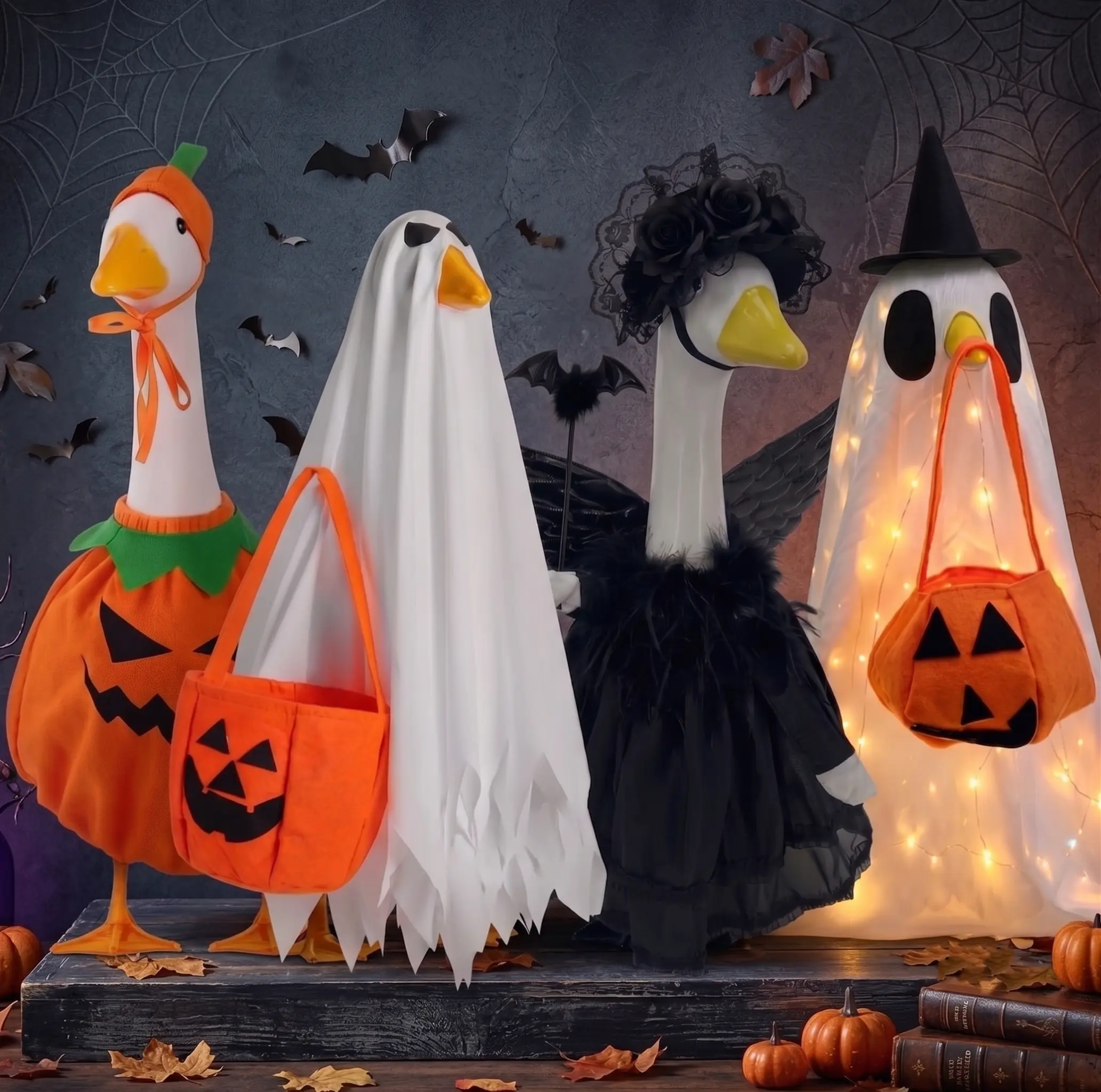 Halloween Costumes for Porch Goose Statue - 3 Pack Ghost Pumpkin Witch Outfits, Funny Goose Clothes for Fall Outdoor Decor, Fits 23 Inch Goose