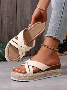 Women's Straw Sandals Cross Strap Design Heightening Casual Beach Slippers, Summer Lightweight Comfortable Footwear for Women