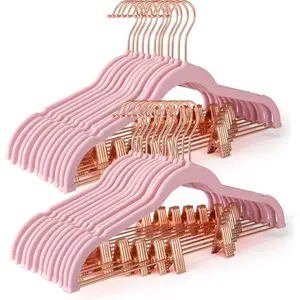 Velvet Skirt Hangers 24 Pack - Non-Slip Velvet Pants Hangers with Rose Gold Clips, Ultra Thin Velvet Hangers, Heavy-Duty Clothes Organizer - Wooden