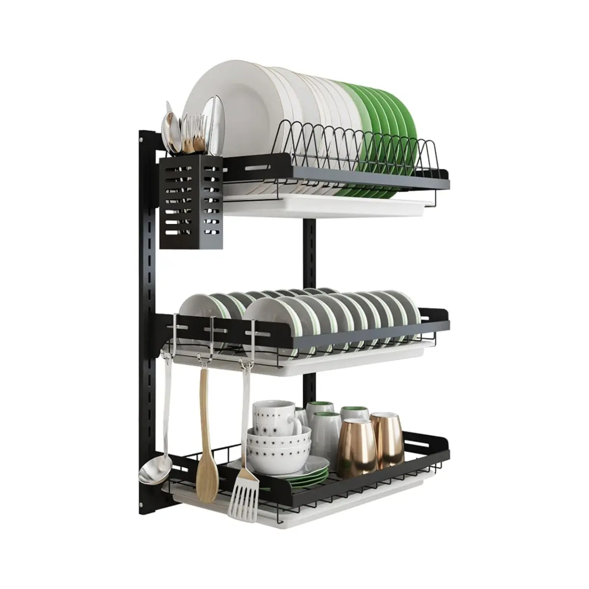 junyuan Hanging Dish Drying Rack Wall Mount,Dish Racks Drainer,3 Tier Kitchen Plate Organizer Storage Shelf with Drain Tray with 3 Hooks,Stainless Steel Black Large (3 Tier, 21.8)