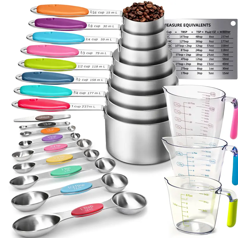 Stainless Steel Measuring Cups and Spoons Set (21 Pieces: 11 Cups, 9 Spoons) - Quick Magnetic Storage, Solid Durable Kitchen Utensils for Precise Portion Measurement in Baking, Cooking