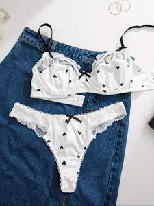 Women's Heart Print Contrast Lace Underwear Set, Elegant Bow Front Bra & Thong Set for Daily Wear, Women's Underwear for All Seasons