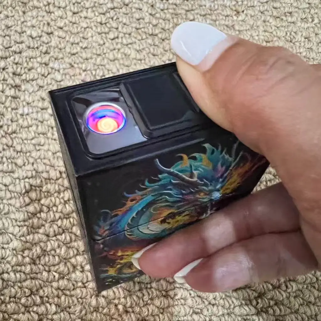 Men's Elegant Dragon Design USB Rechargeable Lighter & Cigarette Box Accessory - Durable ABS Resin-Zinc Alloy, Moisture-Proof, Lightweight, Compact Cigarette Holder - Adult Men's Accessory, Gift for Him (Father's Day), Valentine’s Day